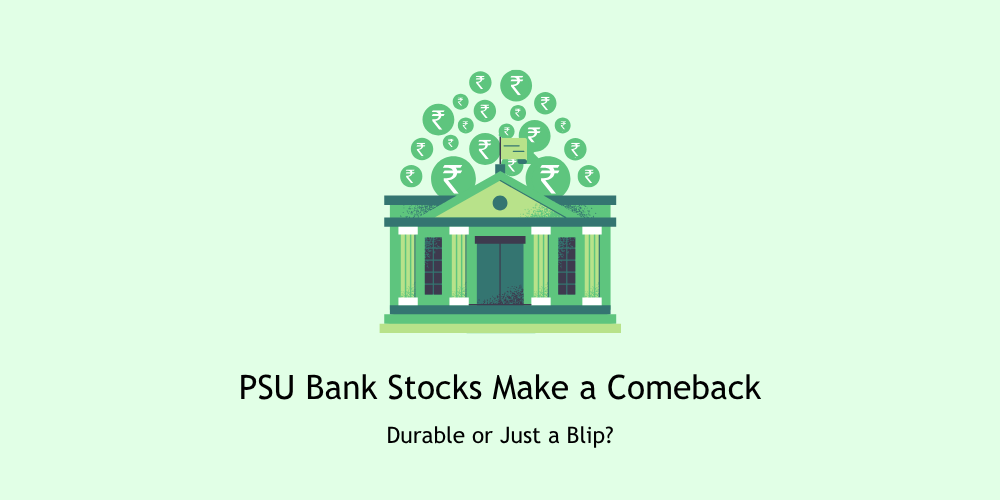 Illustration of a public sector bank building with rising rupee symbols, representing the 2025 rally and resurgence of PSU bank stocks in India.